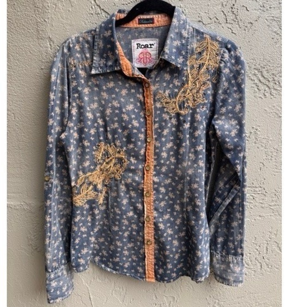 Roar Womens Blue Bell Floral Button Up Shirt Embroidered Western Boho Rodeo